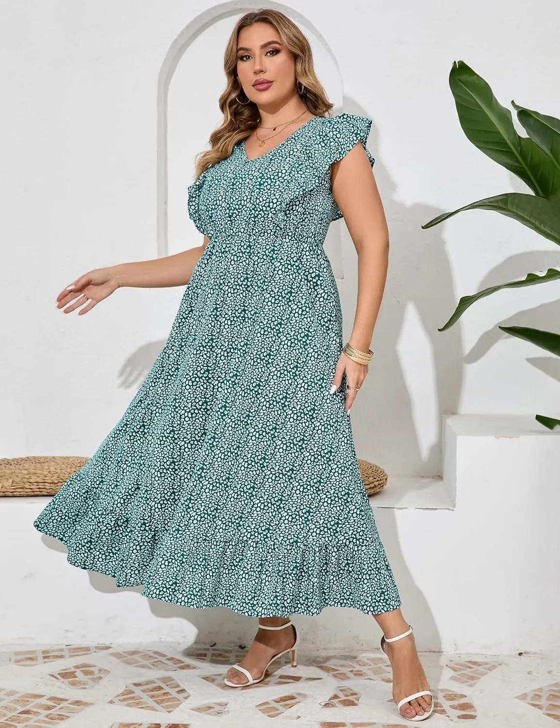 KOJOOIN Women's Plus Size Summer Dress with Pocket Ruffle Cap Sleeveless V Neck Side Split Long Beach Maxi Dress