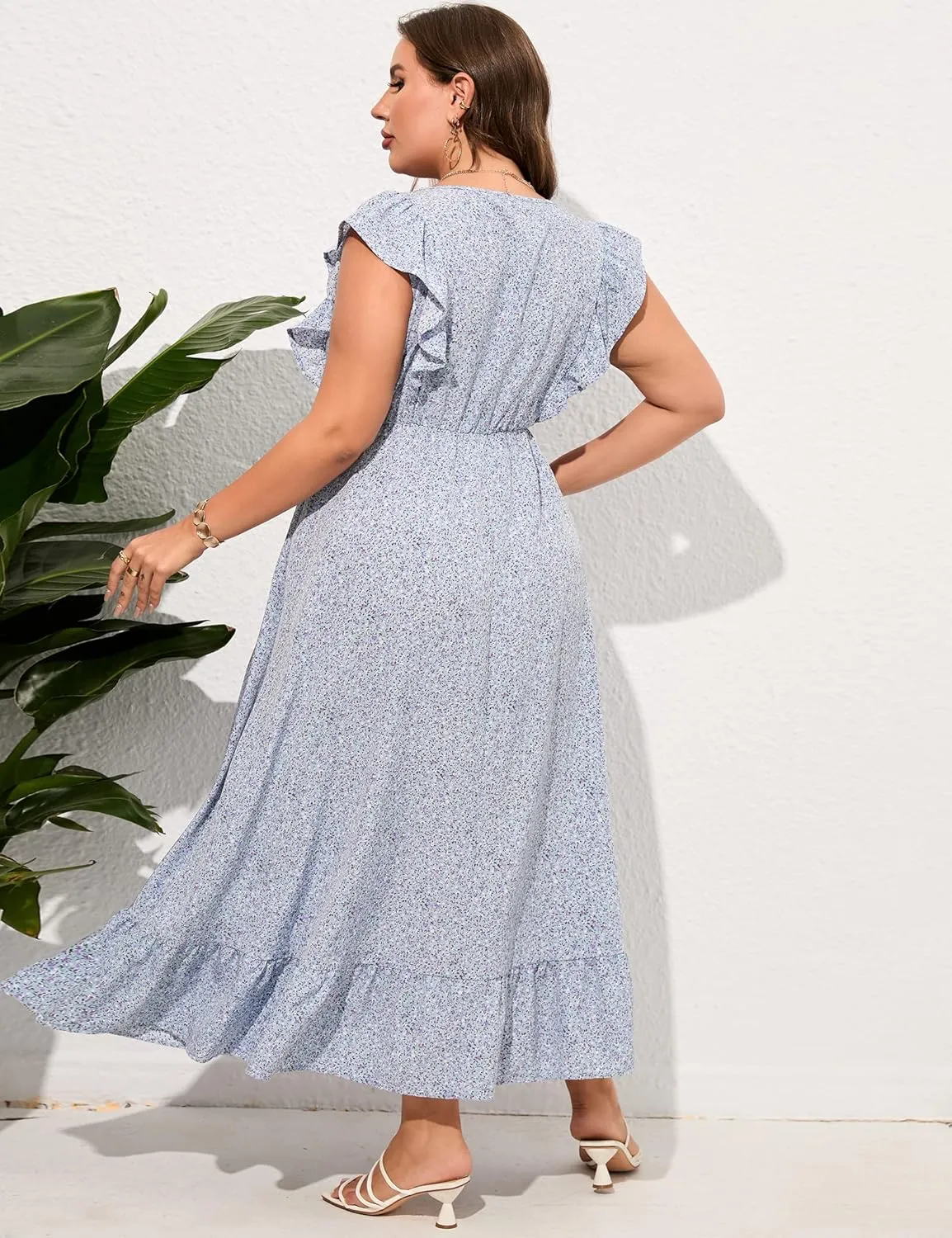 KOJOOIN Women's Plus Size Summer Dress with Pocket Ruffle Cap Sleeveless V Neck Side Split Long Beach Maxi Dress