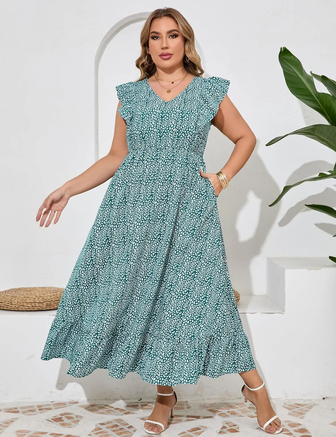 KOJOOIN Women's Plus Size Summer Dress with Pocket Ruffle Cap Sleeveless V Neck Side Split Long Beach Maxi Dress