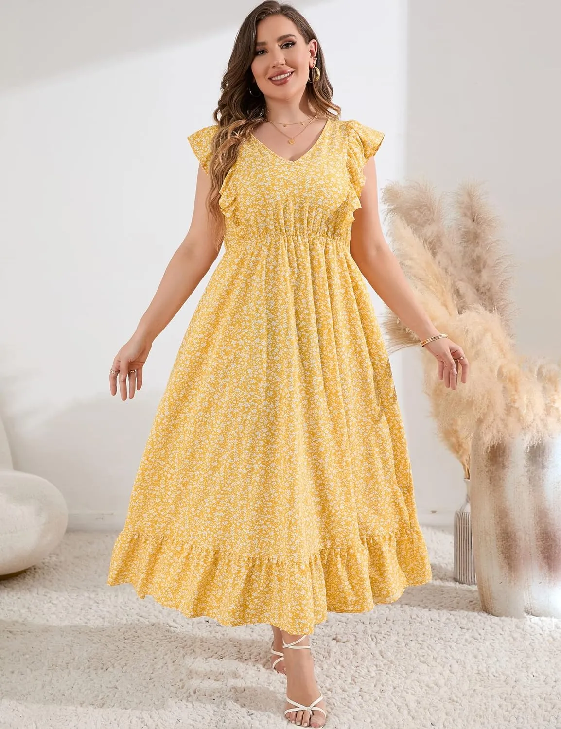 KOJOOIN Women's Plus Size Summer Dress with Pocket Ruffle Cap Sleeveless V Neck Side Split Long Beach Maxi Dress