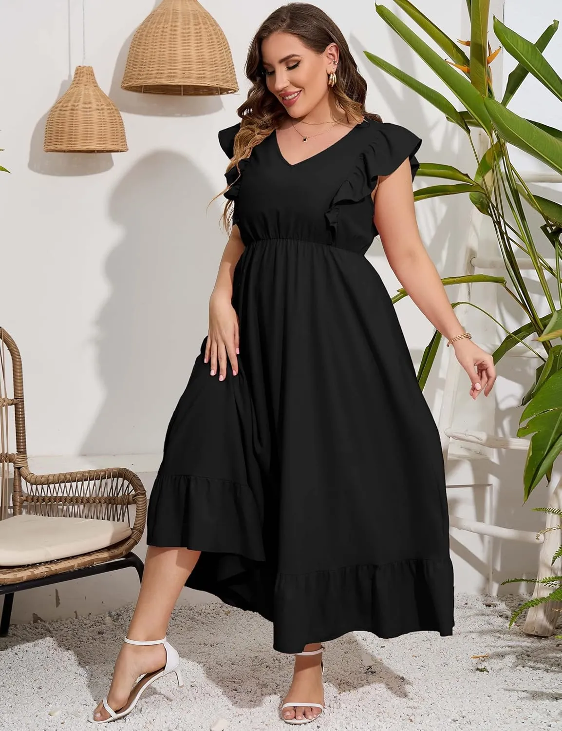 KOJOOIN Women's Plus Size Summer Dress with Pocket Ruffle Cap Sleeveless V Neck Side Split Long Beach Maxi Dress
