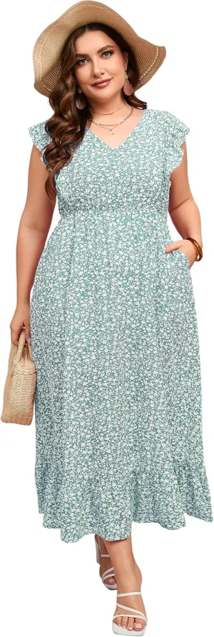 KOJOOIN Women's Plus Size Summer Dress with Pocket Ruffle Cap Sleeveless V Neck Side Split Long Beach Maxi Dress