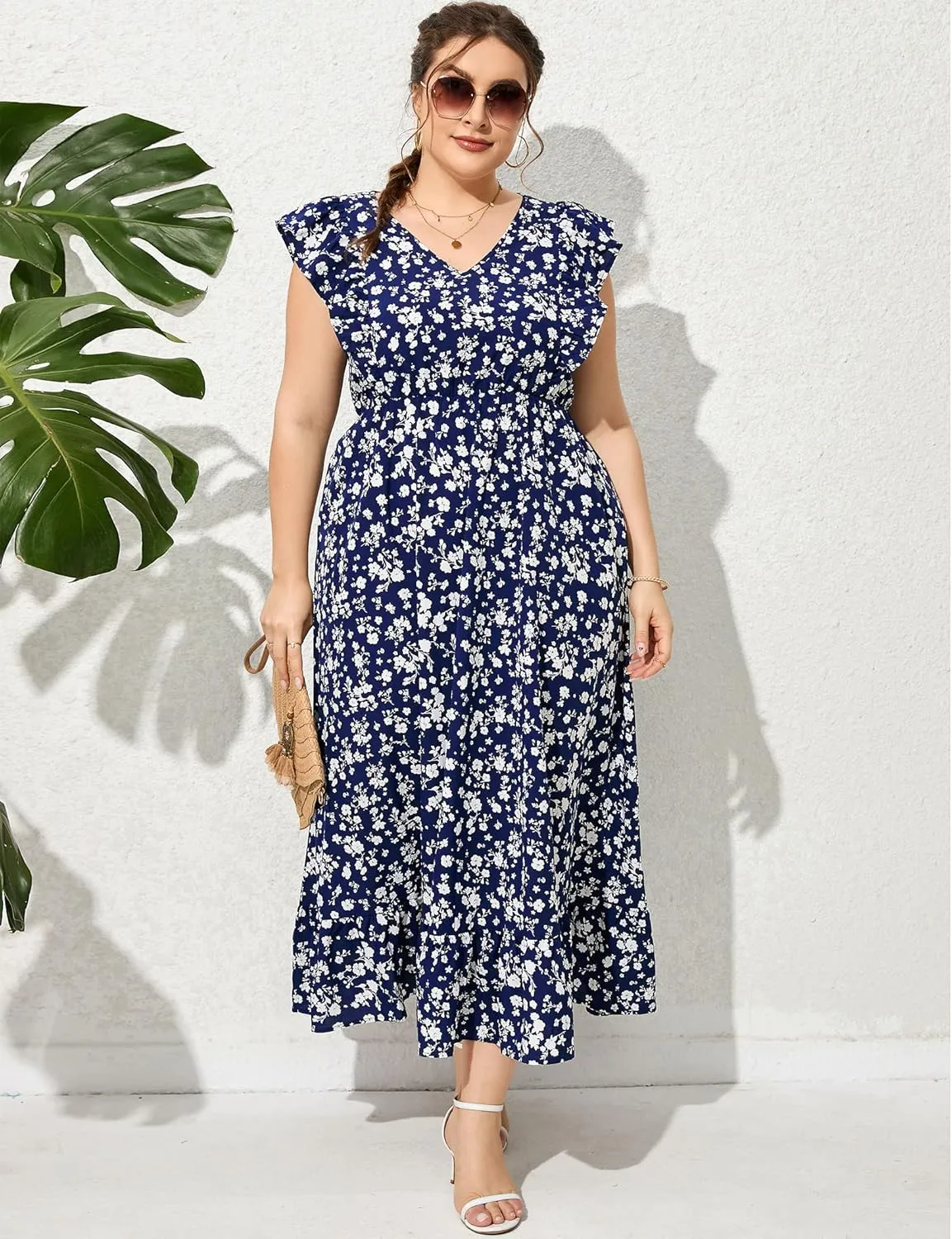 KOJOOIN Women's Plus Size Summer Dress with Pocket Ruffle Cap Sleeveless V Neck Side Split Long Beach Maxi Dress