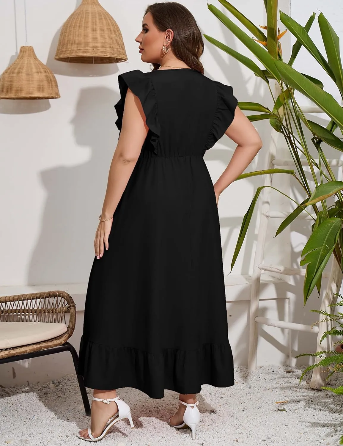 KOJOOIN Women's Plus Size Summer Dress with Pocket Ruffle Cap Sleeveless V Neck Side Split Long Beach Maxi Dress