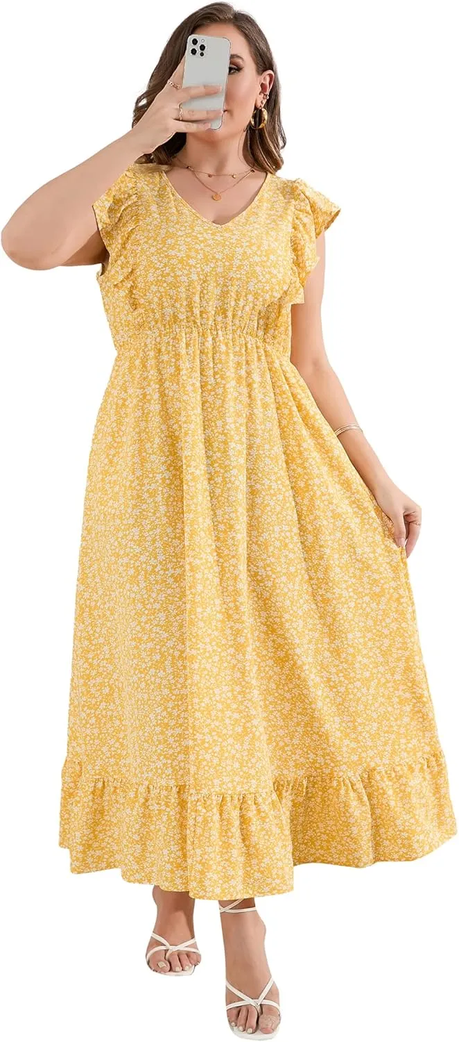 KOJOOIN Women's Plus Size Summer Dress with Pocket Ruffle Cap Sleeveless V Neck Side Split Long Beach Maxi Dress