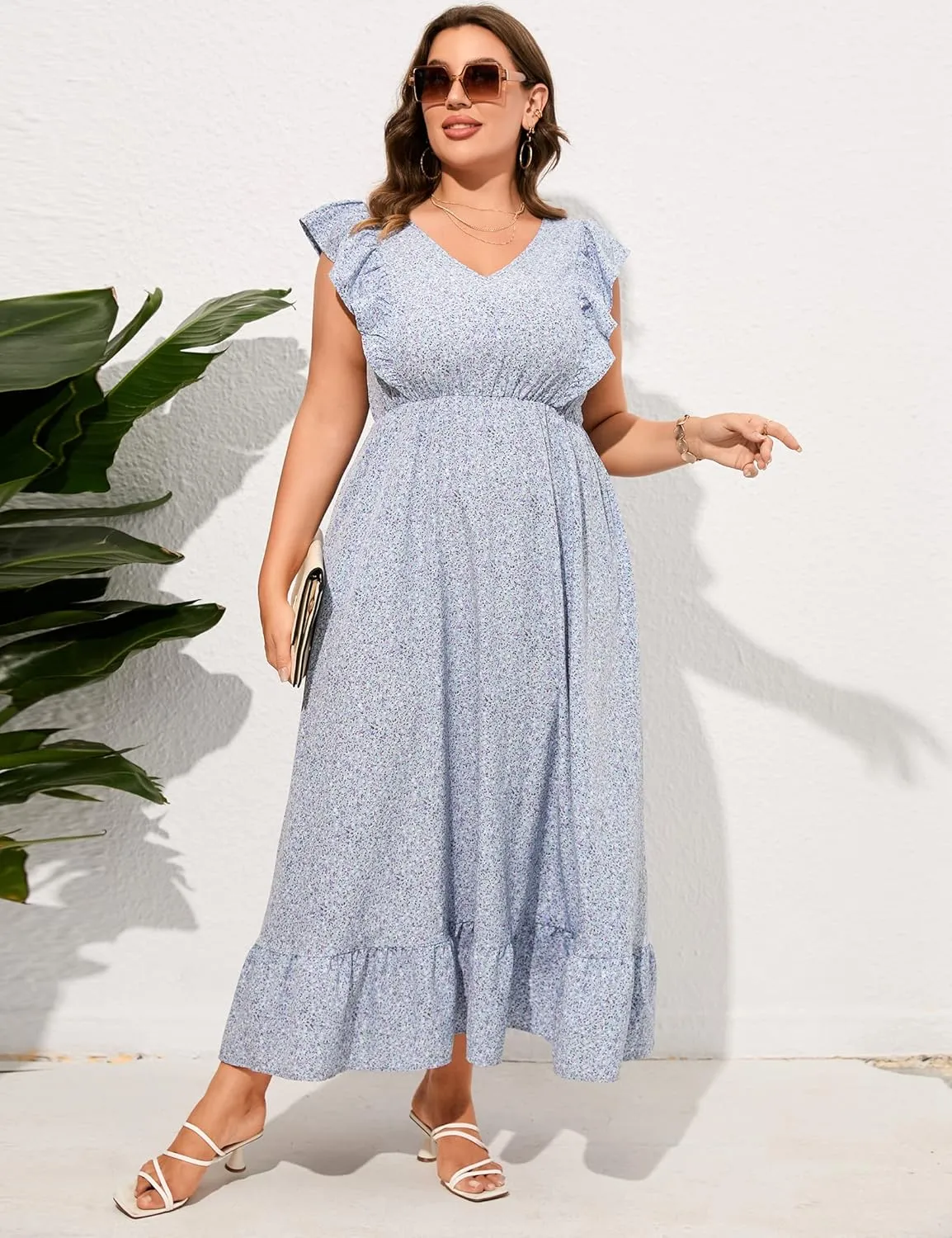 KOJOOIN Women's Plus Size Summer Dress with Pocket Ruffle Cap Sleeveless V Neck Side Split Long Beach Maxi Dress