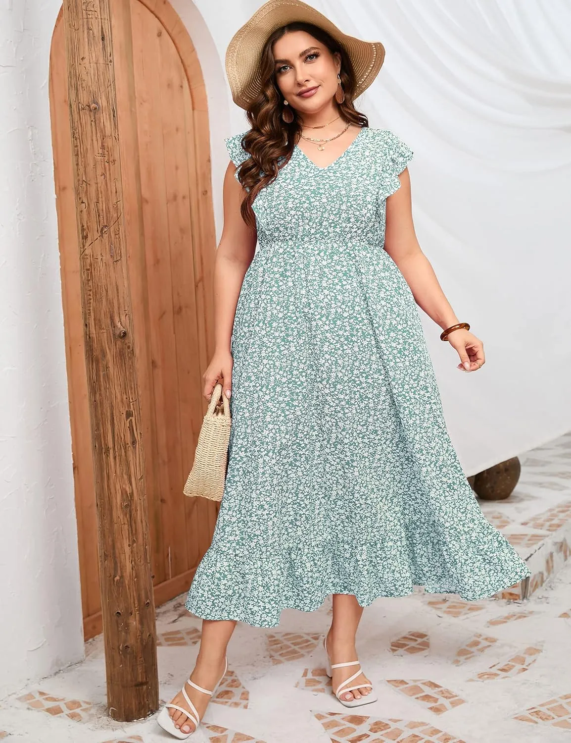KOJOOIN Women's Plus Size Summer Dress with Pocket Ruffle Cap Sleeveless V Neck Side Split Long Beach Maxi Dress