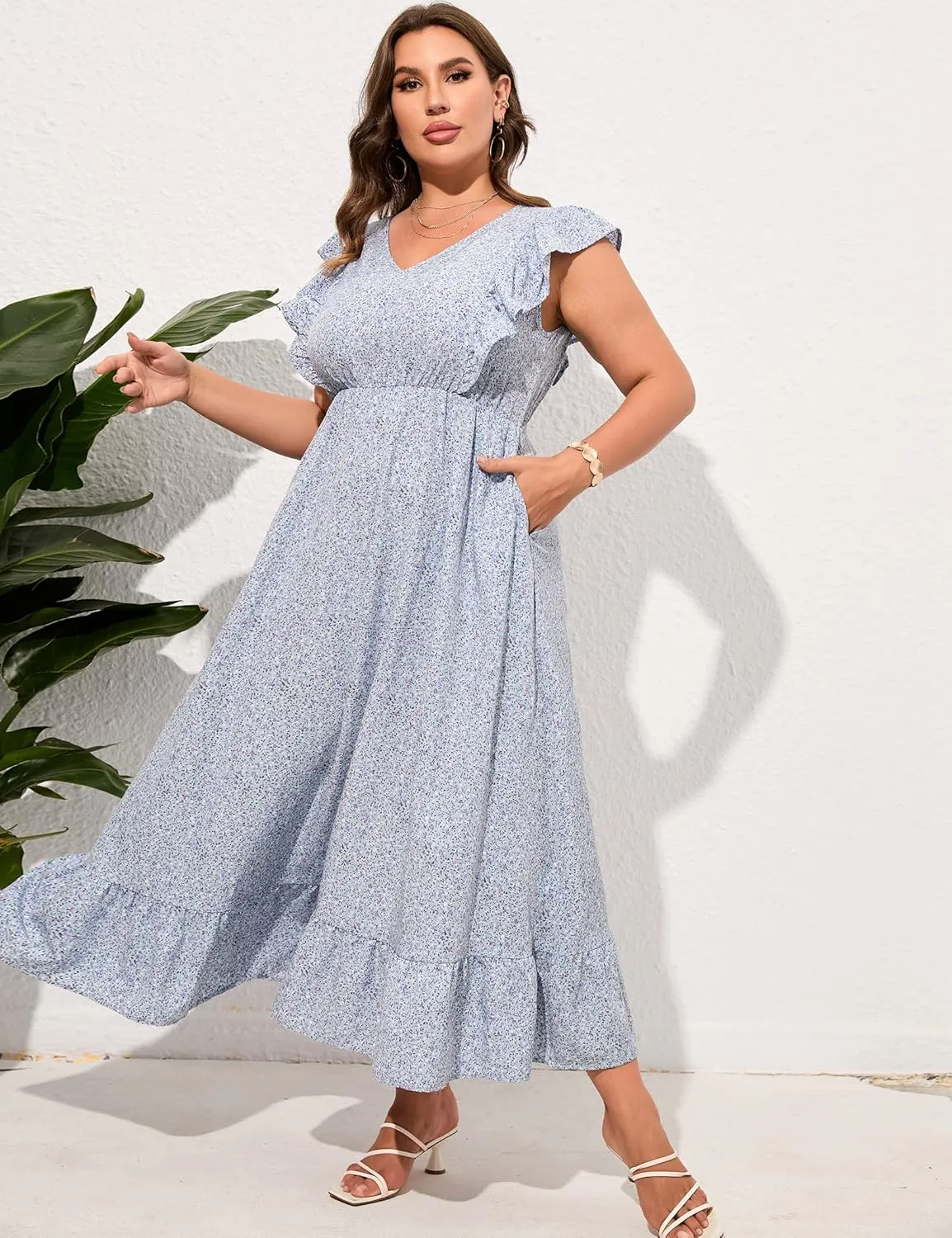 KOJOOIN Women's Plus Size Summer Dress with Pocket Ruffle Cap Sleeveless V Neck Side Split Long Beach Maxi Dress