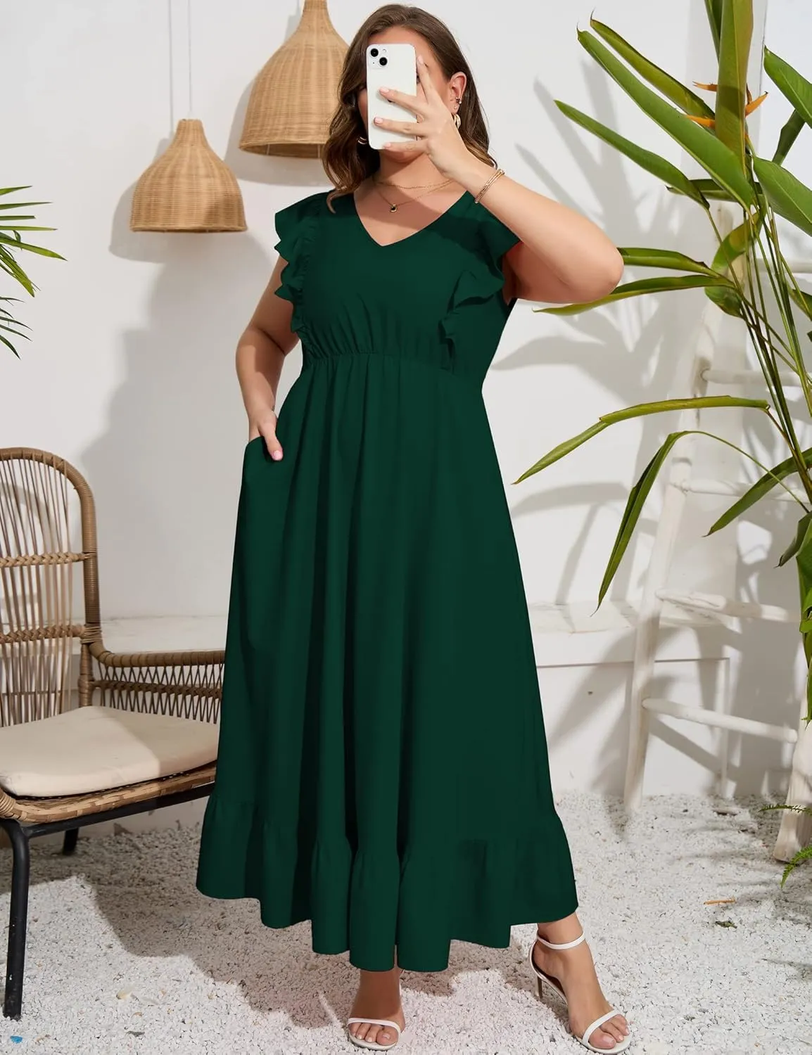 KOJOOIN Women's Plus Size Summer Dress with Pocket Ruffle Cap Sleeveless V Neck Side Split Long Beach Maxi Dress