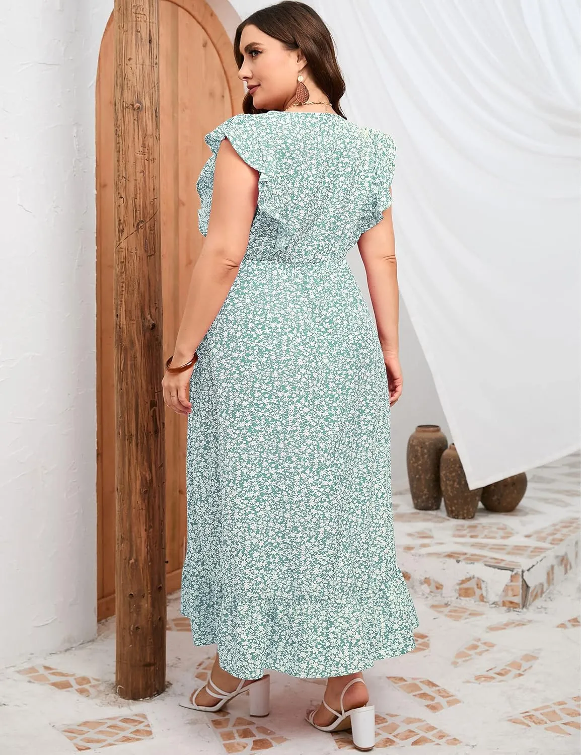 KOJOOIN Women's Plus Size Summer Dress with Pocket Ruffle Cap Sleeveless V Neck Side Split Long Beach Maxi Dress
