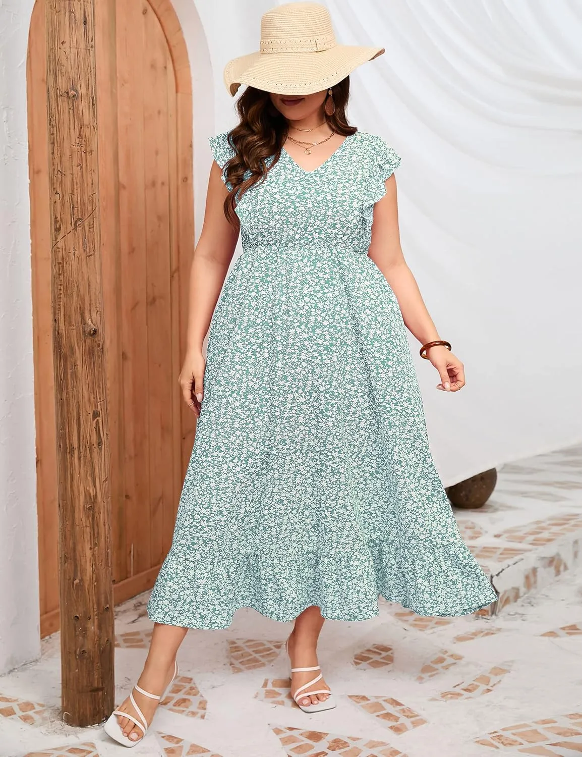 KOJOOIN Women's Plus Size Summer Dress with Pocket Ruffle Cap Sleeveless V Neck Side Split Long Beach Maxi Dress
