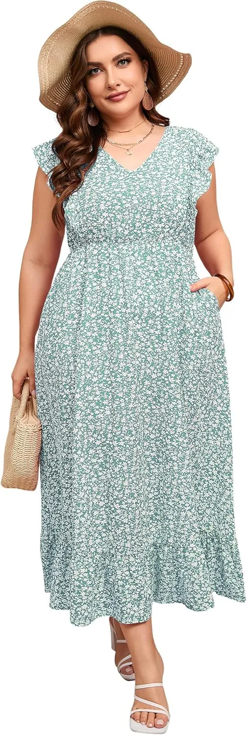 KOJOOIN Women's Plus Size Summer Dress with Pocket Ruffle Cap Sleeveless V Neck Side Split Long Beach Maxi Dress