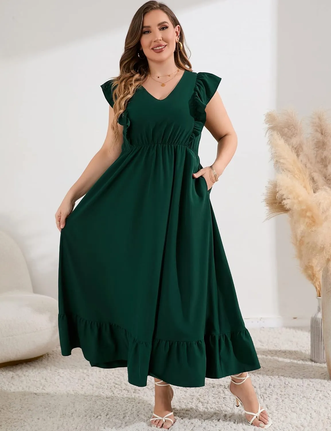 KOJOOIN Women's Plus Size Summer Dress with Pocket Ruffle Cap Sleeveless V Neck Side Split Long Beach Maxi Dress