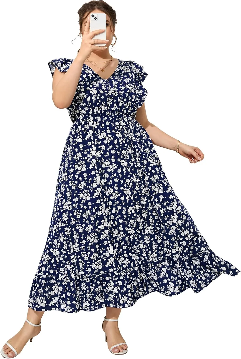 KOJOOIN Women's Plus Size Summer Dress with Pocket Ruffle Cap Sleeveless V Neck Side Split Long Beach Maxi Dress