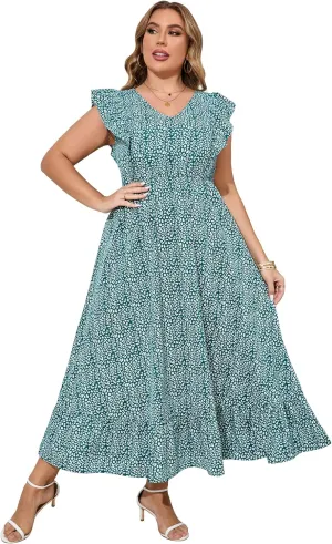 KOJOOIN Women's Plus Size Summer Dress with Pocket Ruffle Cap Sleeveless V Neck Side Split Long Beach Maxi Dress