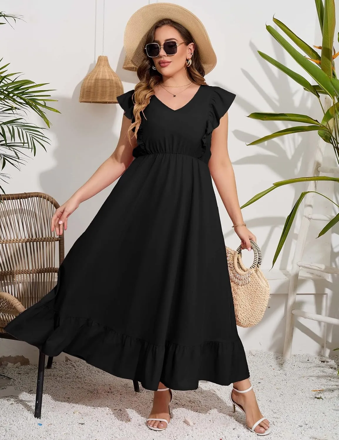 KOJOOIN Women's Plus Size Summer Dress with Pocket Ruffle Cap Sleeveless V Neck Side Split Long Beach Maxi Dress