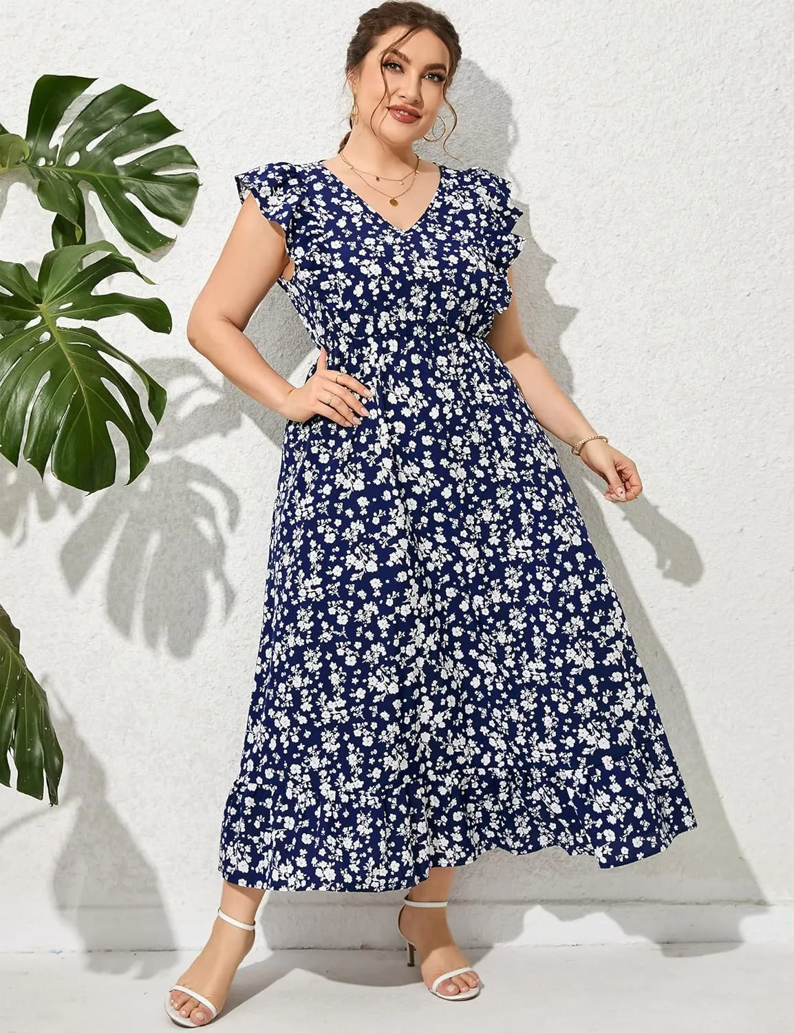 KOJOOIN Women's Plus Size Summer Dress with Pocket Ruffle Cap Sleeveless V Neck Side Split Long Beach Maxi Dress