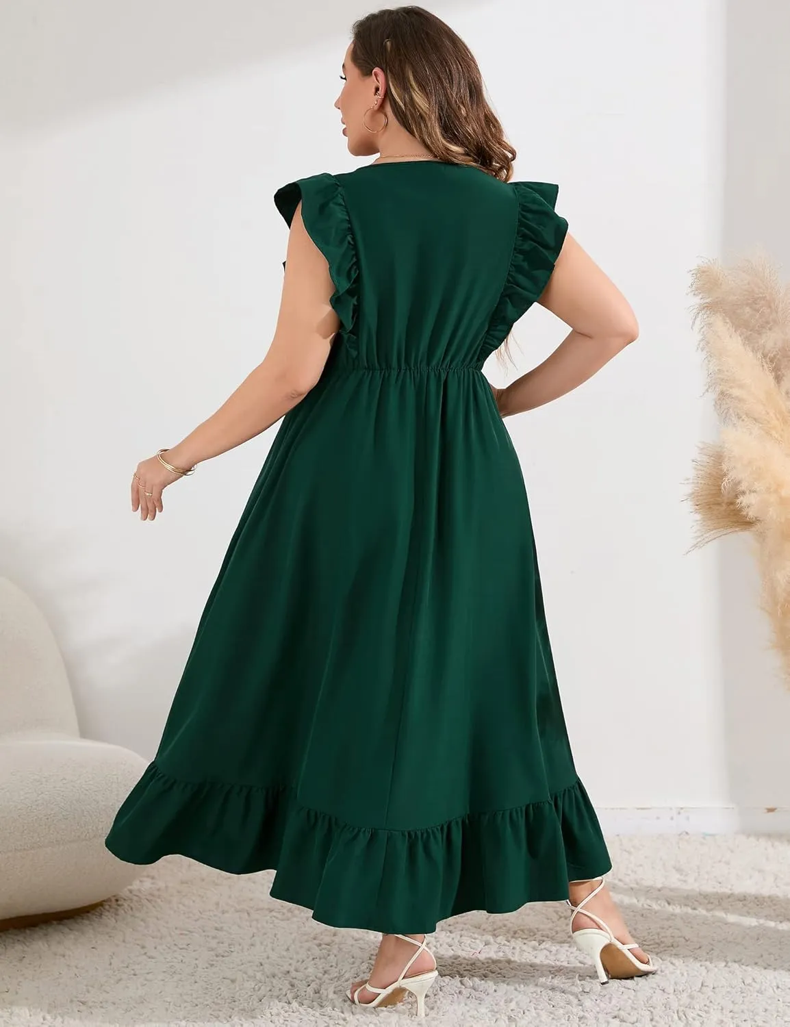 KOJOOIN Women's Plus Size Summer Dress with Pocket Ruffle Cap Sleeveless V Neck Side Split Long Beach Maxi Dress