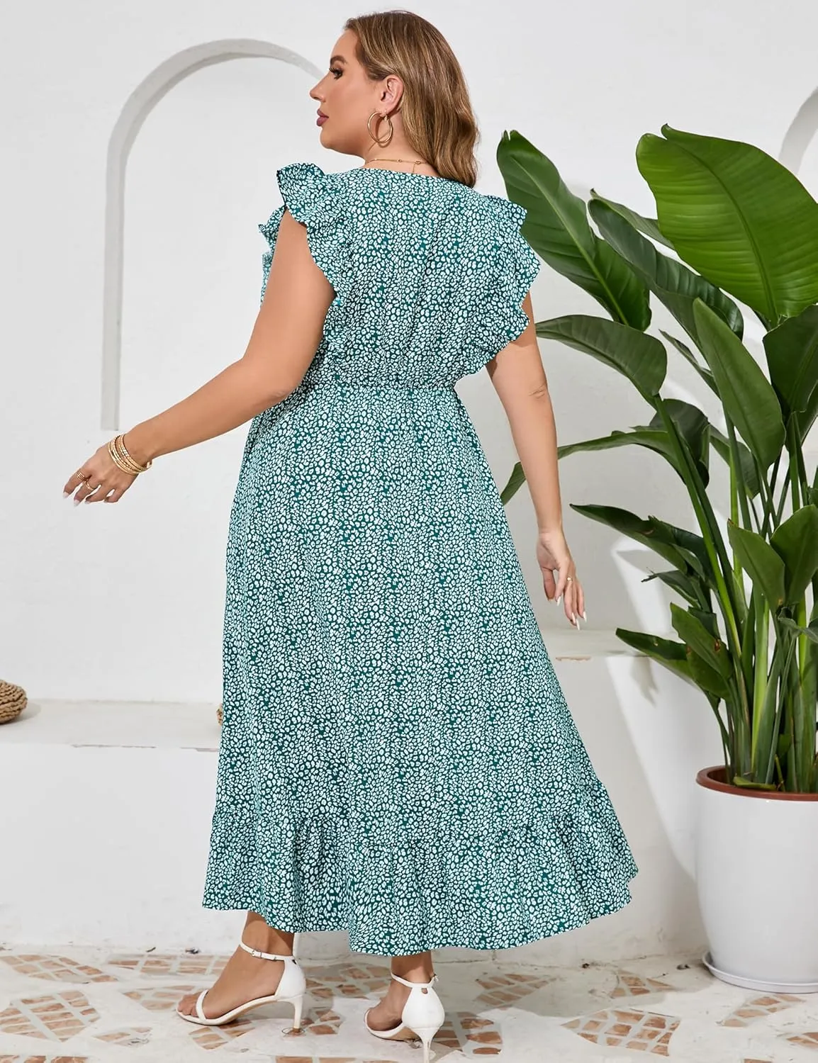 KOJOOIN Women's Plus Size Summer Dress with Pocket Ruffle Cap Sleeveless V Neck Side Split Long Beach Maxi Dress