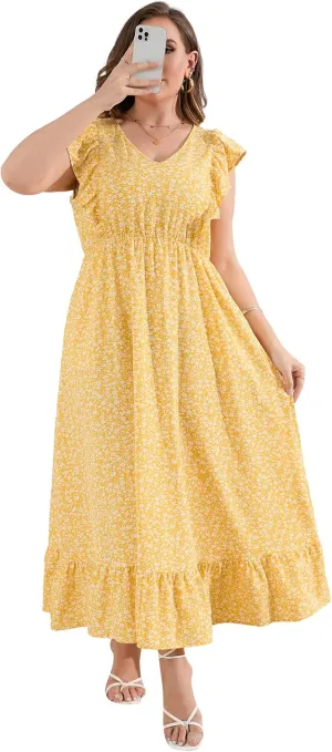 KOJOOIN Women's Plus Size Summer Dress with Pocket Ruffle Cap Sleeveless V Neck Side Split Long Beach Maxi Dress