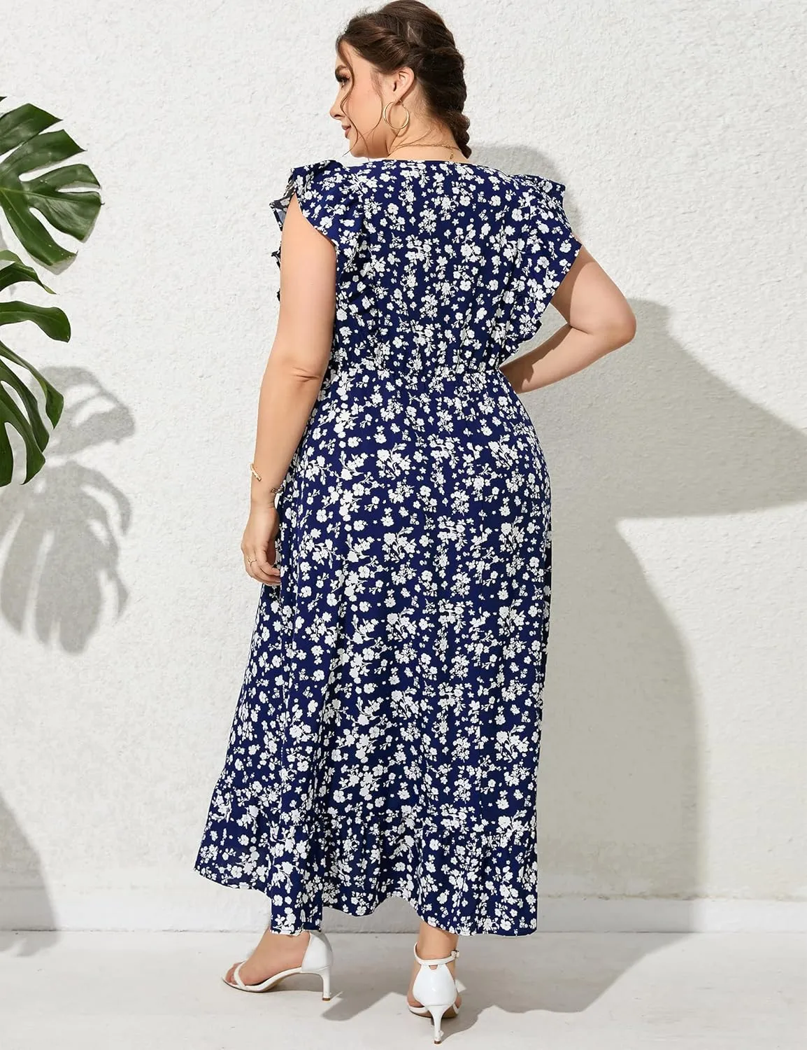 KOJOOIN Women's Plus Size Summer Dress with Pocket Ruffle Cap Sleeveless V Neck Side Split Long Beach Maxi Dress
