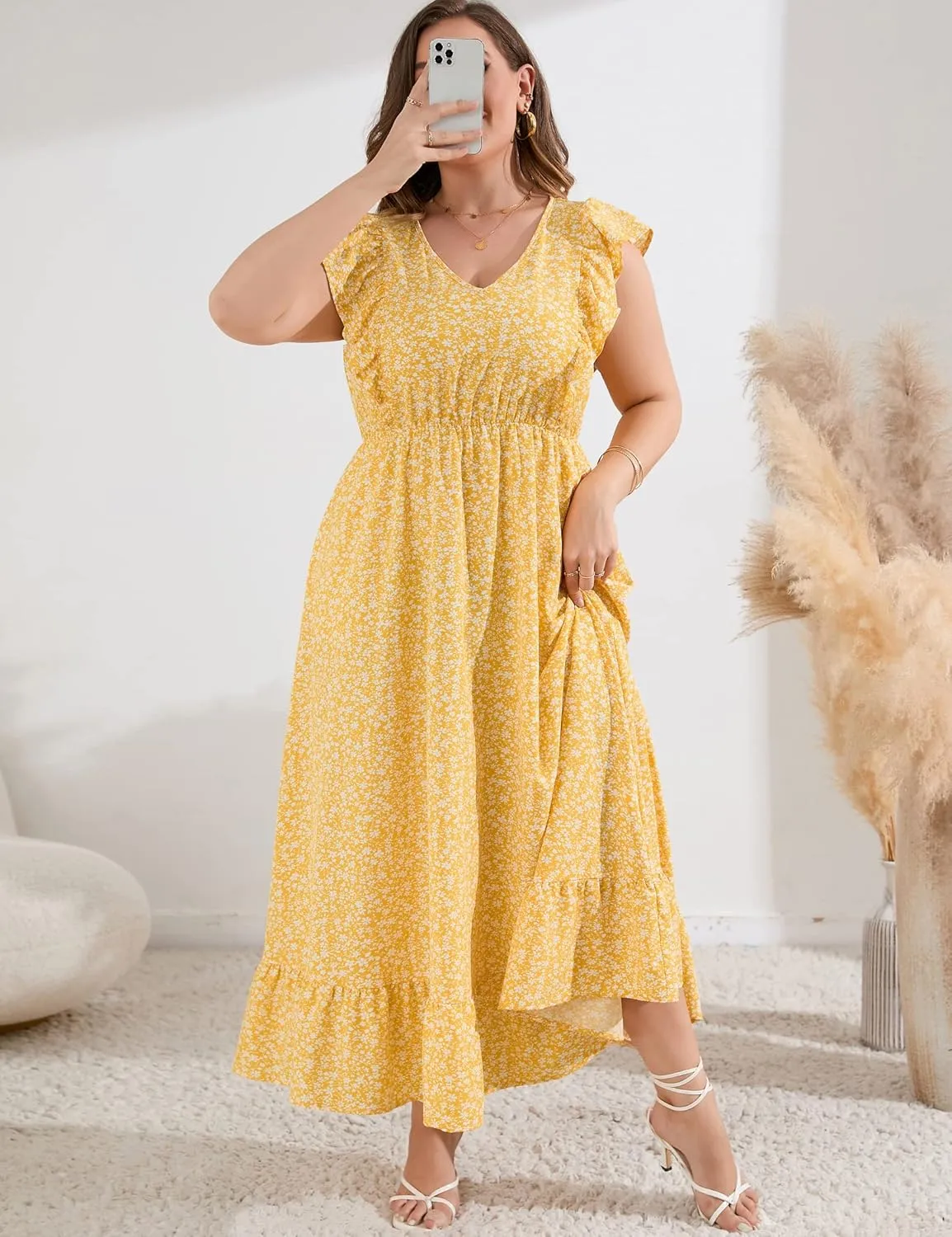 KOJOOIN Women's Plus Size Summer Dress with Pocket Ruffle Cap Sleeveless V Neck Side Split Long Beach Maxi Dress
