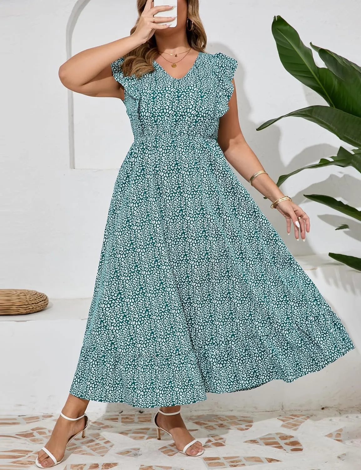 KOJOOIN Women's Plus Size Summer Dress with Pocket Ruffle Cap Sleeveless V Neck Side Split Long Beach Maxi Dress