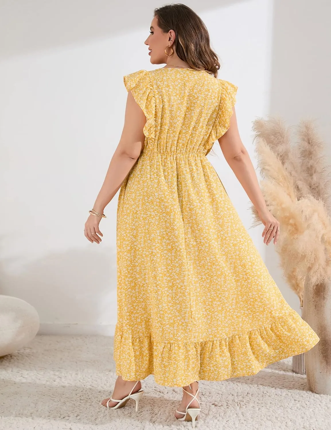 KOJOOIN Women's Plus Size Summer Dress with Pocket Ruffle Cap Sleeveless V Neck Side Split Long Beach Maxi Dress