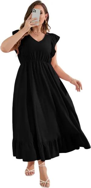KOJOOIN Women's Plus Size Summer Dress with Pocket Ruffle Cap Sleeveless V Neck Side Split Long Beach Maxi Dress
