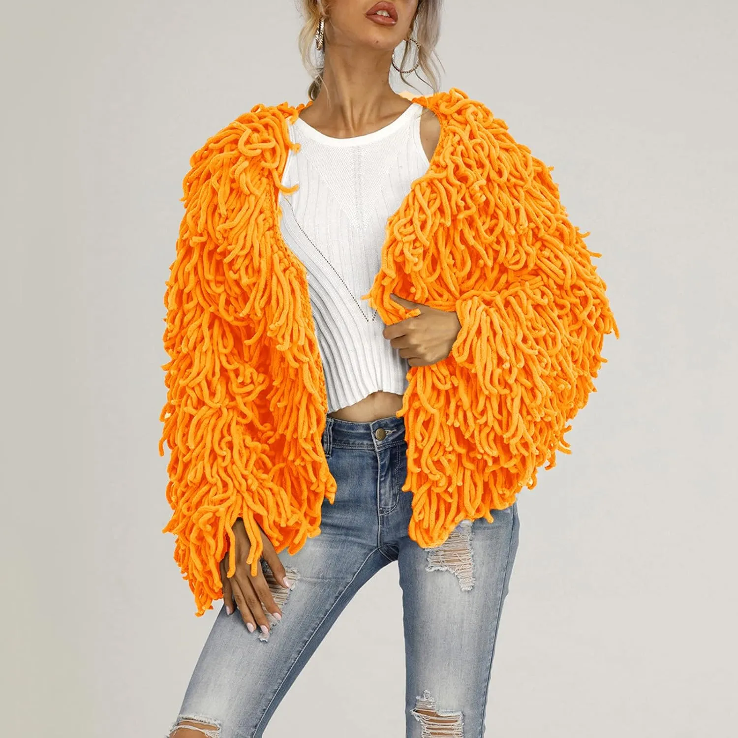 Ladies' Fashion Trendy Fringed Sweater Jacket Hollow Solid Color Cardigan Casual Top Down Coat