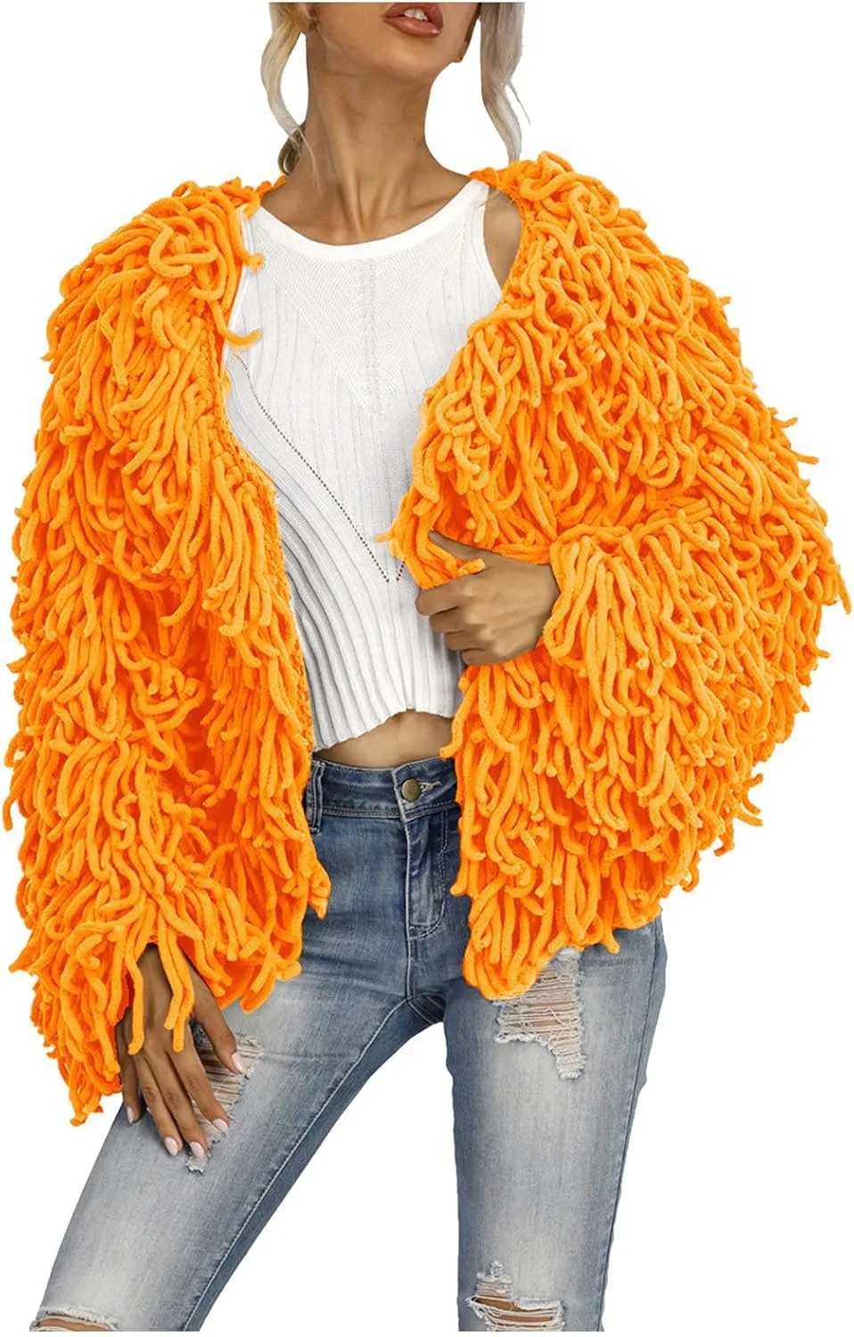 Ladies' Fashion Trendy Fringed Sweater Jacket Hollow Solid Color Cardigan Casual Top Down Coat