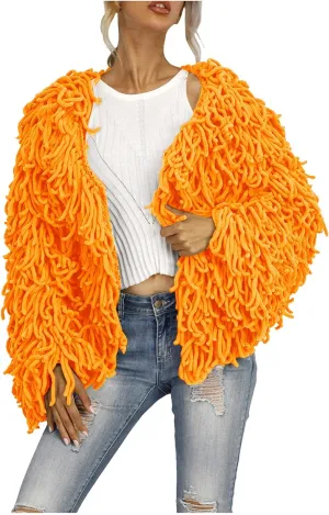 Ladies' Fashion Trendy Fringed Sweater Jacket Hollow Solid Color Cardigan Casual Top Down Coat