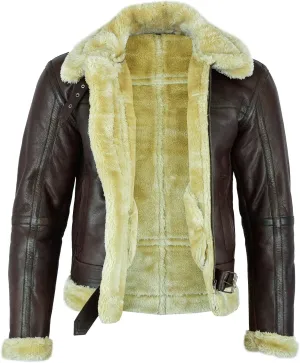 Leatherick Men Brown Aviator Real Goat Skin Leather Shearling Style Vintage Bomber Flying Jacket