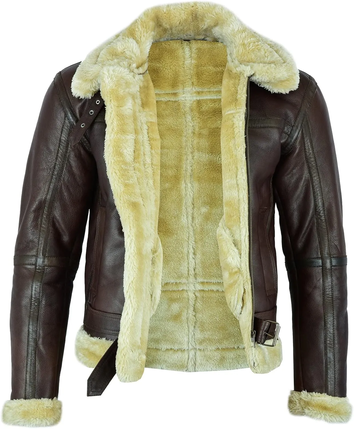 Leatherick Men Brown Aviator Real Goat Skin Leather Shearling Style Vintage Bomber Flying Jacket