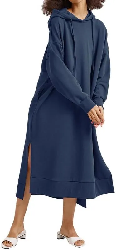 Les umes Womens Long Sleeve Pullover Hoodie Dress Side Split Hooded Oversized Sweatshirt Dress with Pockets