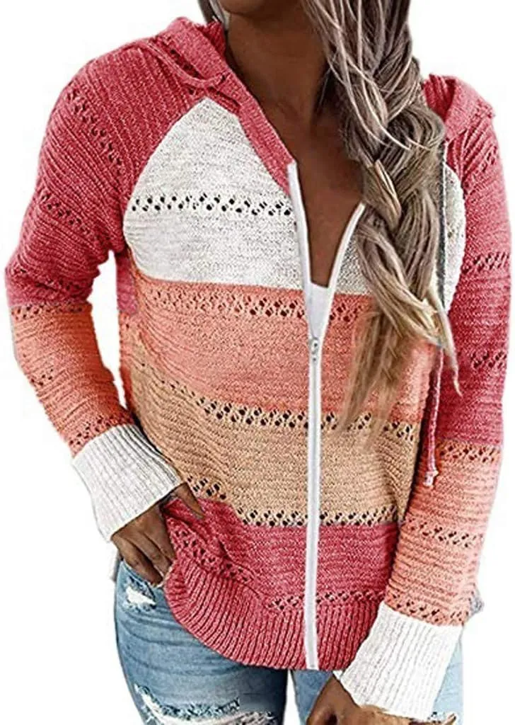 LFEOOST Women Long Sleeve Zip Up Hoodies Color Block Striped Casual V Neck Knit Pullover Sweater Loose Lightweight Sweatshirt