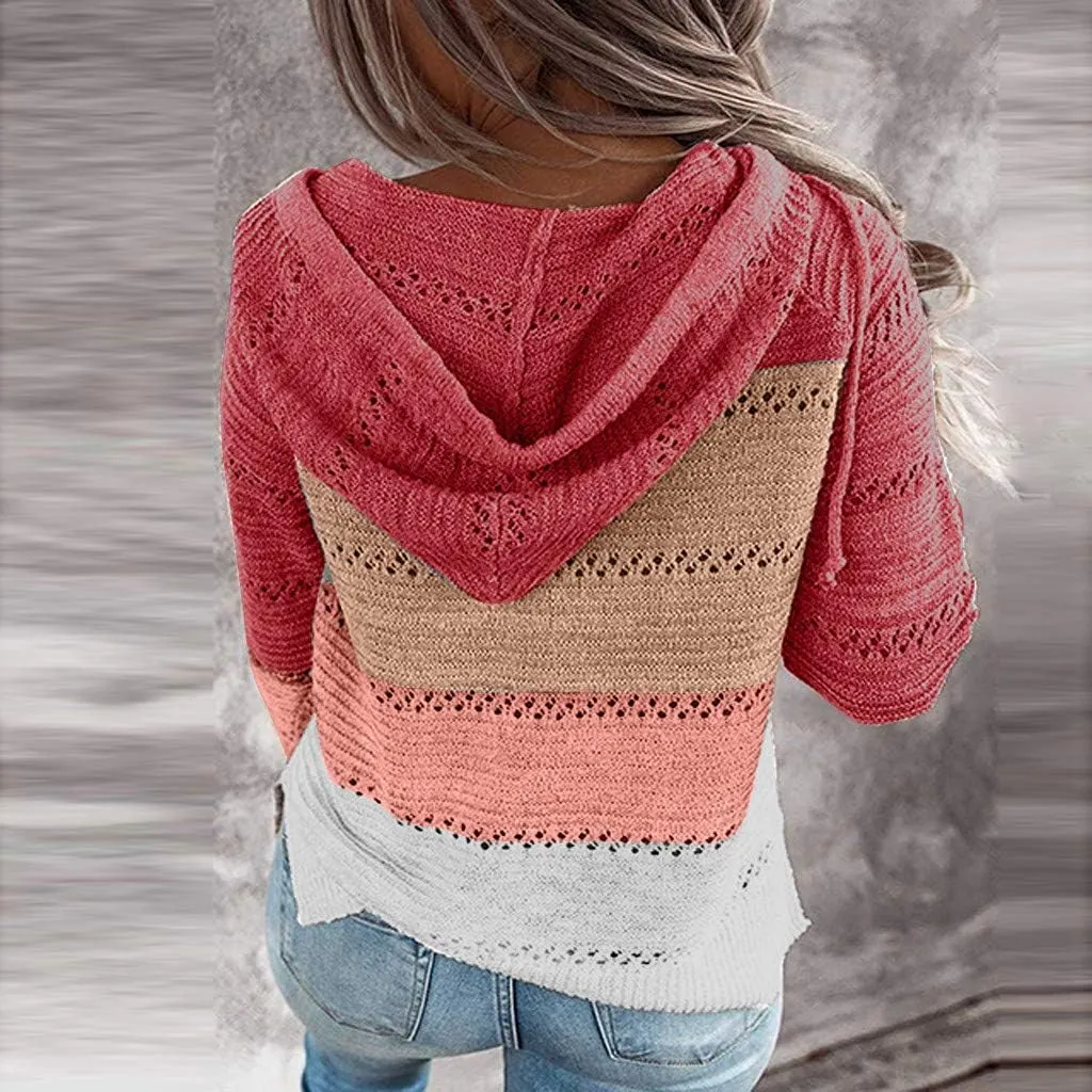 LFEOOST Women Long Sleeve Zip Up Hoodies Color Block Striped Casual V Neck Knit Pullover Sweater Loose Lightweight Sweatshirt