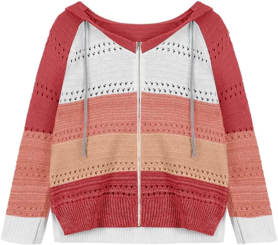 LFEOOST Women Long Sleeve Zip Up Hoodies Color Block Striped Casual V Neck Knit Pullover Sweater Loose Lightweight Sweatshirt