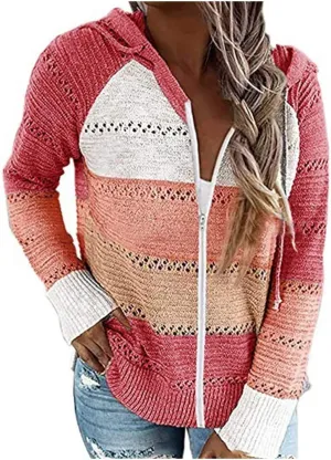 LFEOOST Women Long Sleeve Zip Up Hoodies Color Block Striped Casual V Neck Knit Pullover Sweater Loose Lightweight Sweatshirt