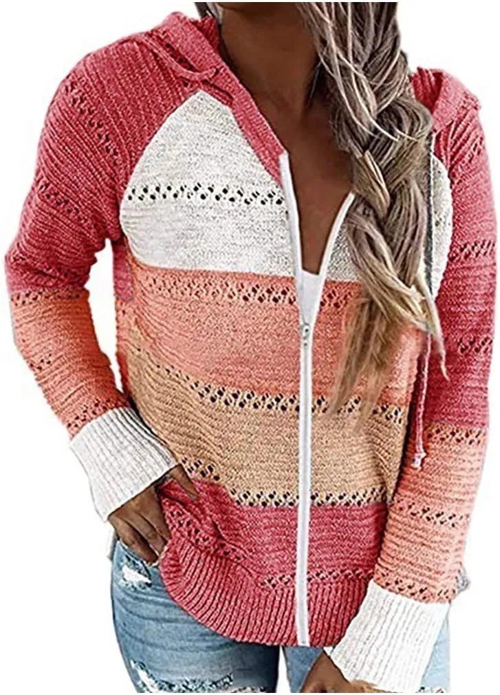 LFEOOST Women Long Sleeve Zip Up Hoodies Color Block Striped Casual V Neck Knit Pullover Sweater Loose Lightweight Sweatshirt