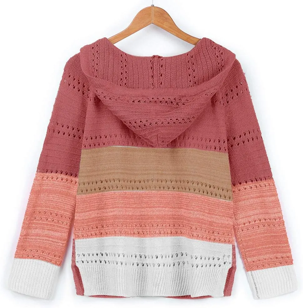 LFEOOST Women Long Sleeve Zip Up Hoodies Color Block Striped Casual V Neck Knit Pullover Sweater Loose Lightweight Sweatshirt