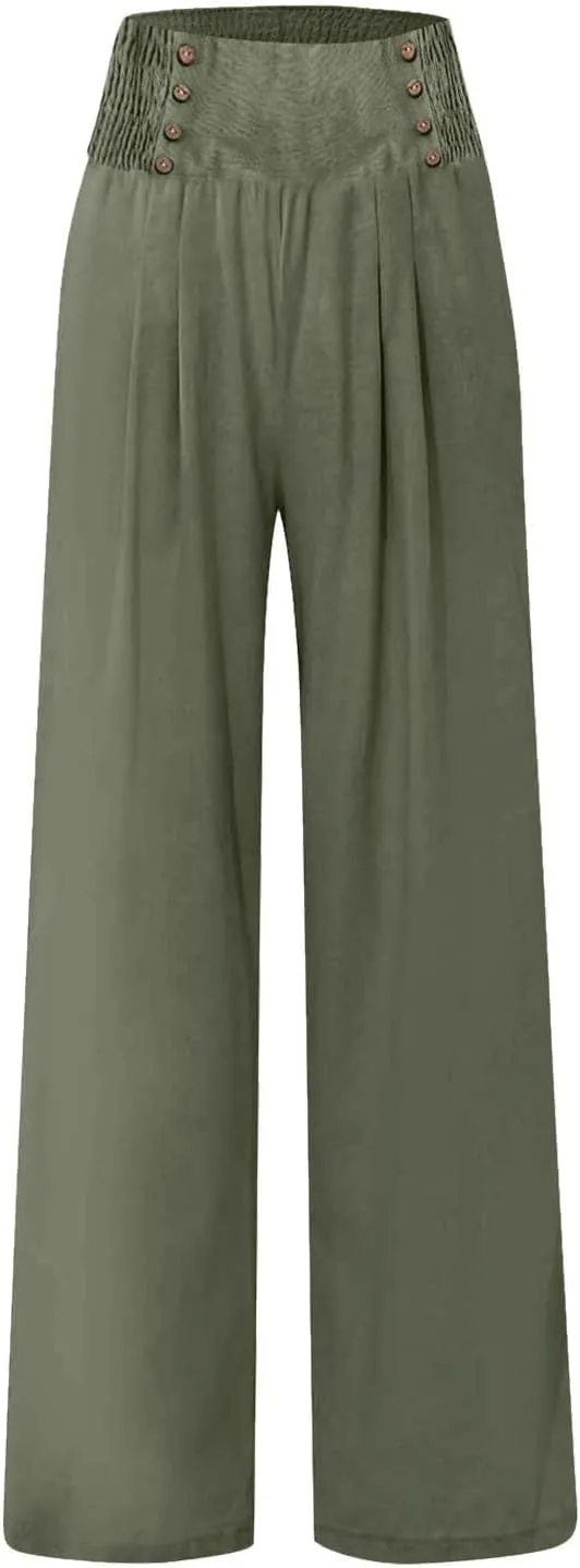 Lightweight Linen Pants Women 2025 Baggy Y2K Summer Stretchy Boho Beach Pants High Waist Plus Size Lounge Palazzo Trousers