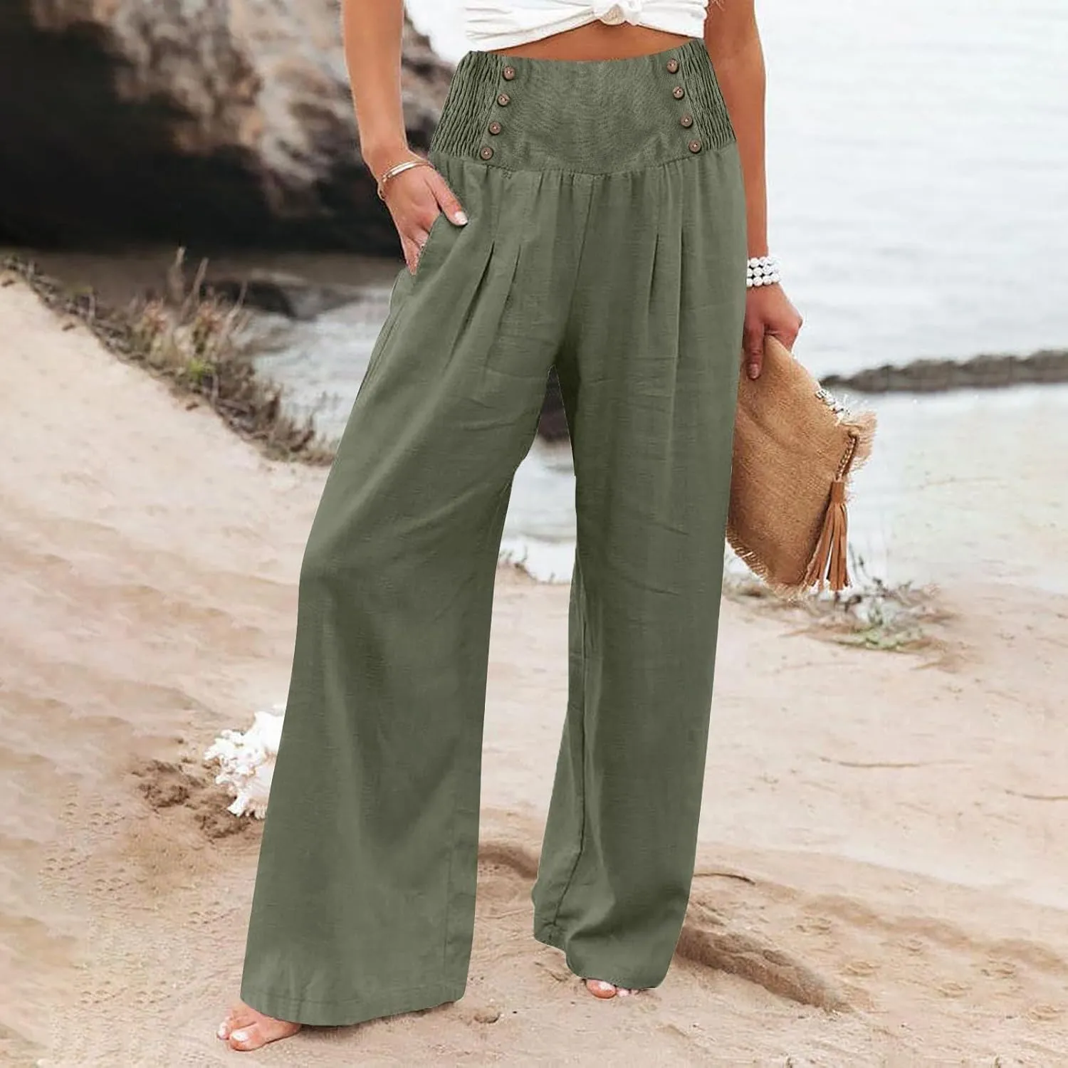 Lightweight Linen Pants Women 2025 Baggy Y2K Summer Stretchy Boho Beach Pants High Waist Plus Size Lounge Palazzo Trousers