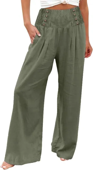 Lightweight Linen Pants Women 2025 Baggy Y2K Summer Stretchy Boho Beach Pants High Waist Plus Size Lounge Palazzo Trousers