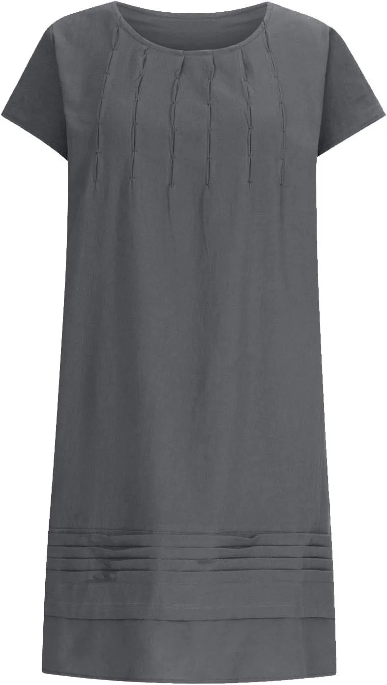 Linen Dress for Women 2024 Pleated Summer Casual Dresses Round Neck Short Sleeve Beach Sundress Vacation Mini Dress