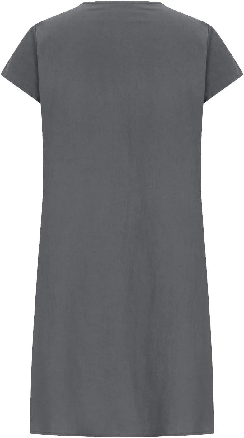 Linen Dress for Women 2024 Pleated Summer Casual Dresses Round Neck Short Sleeve Beach Sundress Vacation Mini Dress