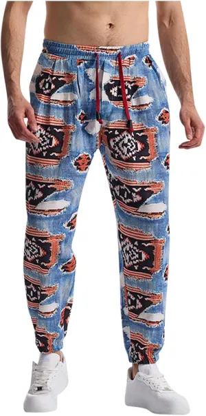 Linen Harem Pants for Men Drawstring Floral Paisley Print Casual Streetwear Hippie Yoga Pants with Pockets