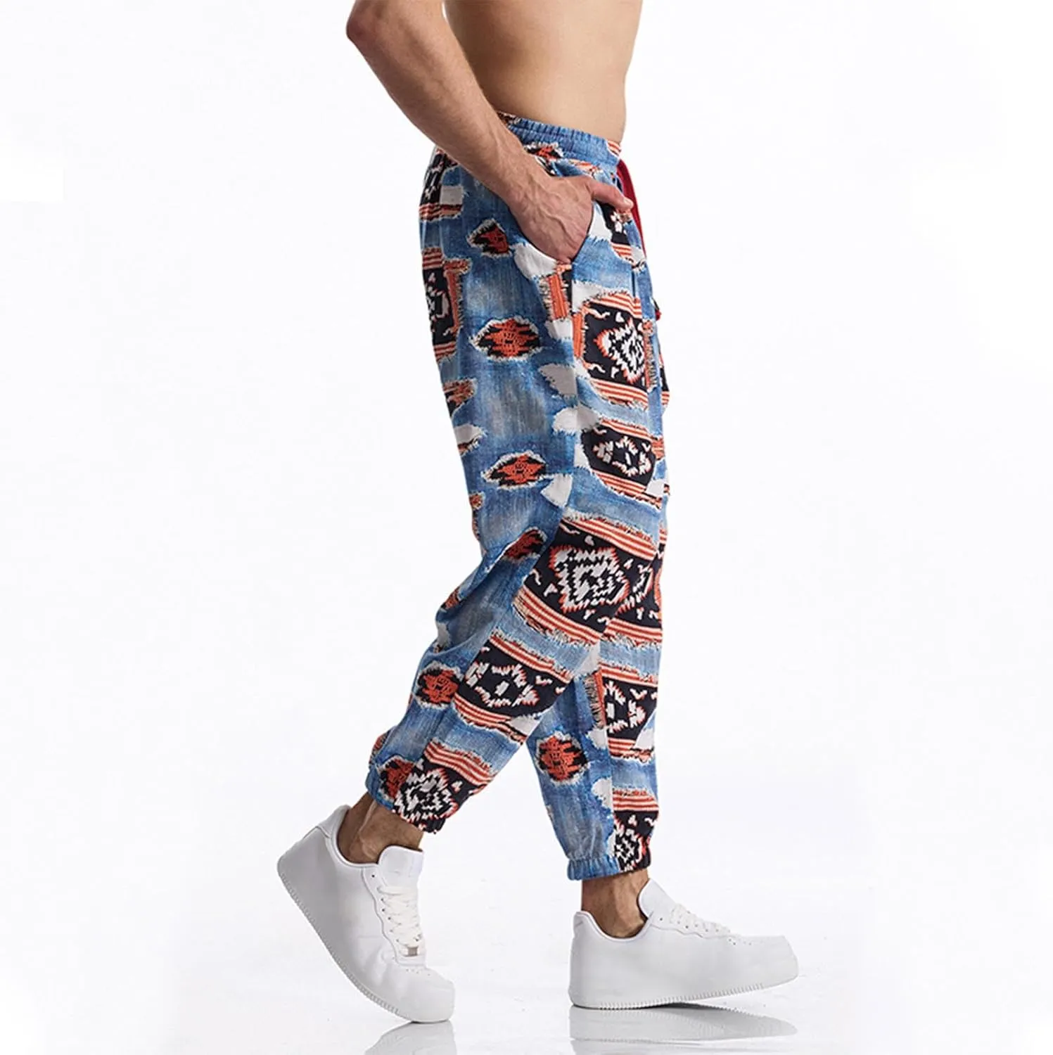 Linen Harem Pants for Men Drawstring Floral Paisley Print Casual Streetwear Hippie Yoga Pants with Pockets