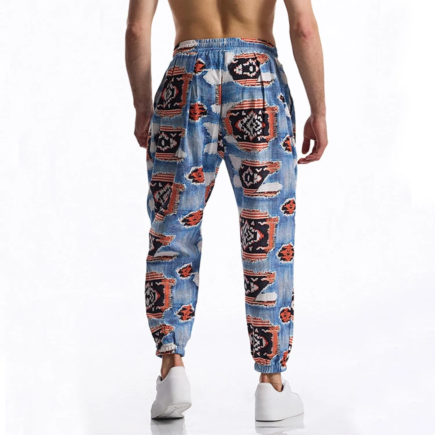 Linen Harem Pants for Men Drawstring Floral Paisley Print Casual Streetwear Hippie Yoga Pants with Pockets