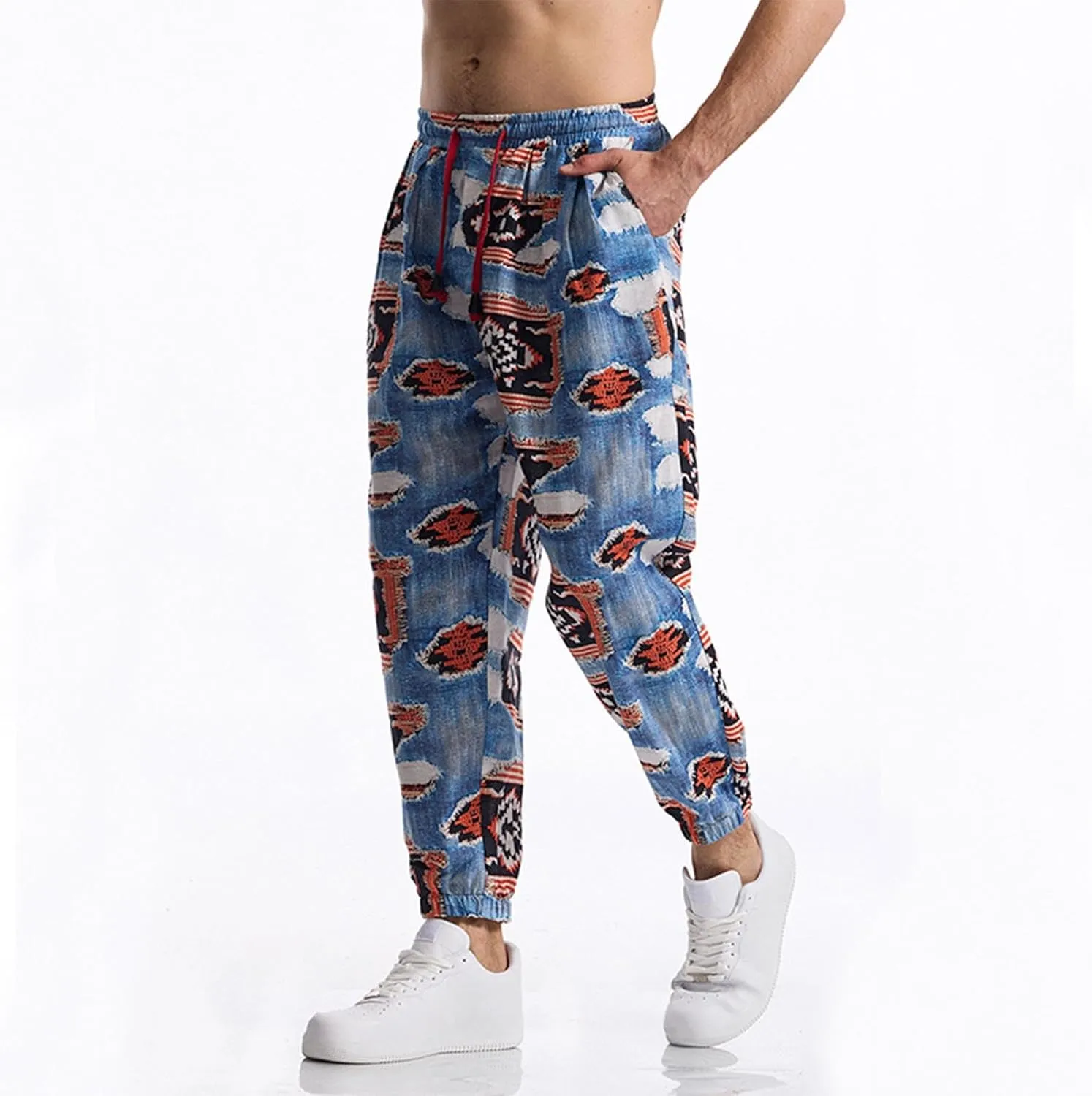 Linen Harem Pants for Men Drawstring Floral Paisley Print Casual Streetwear Hippie Yoga Pants with Pockets